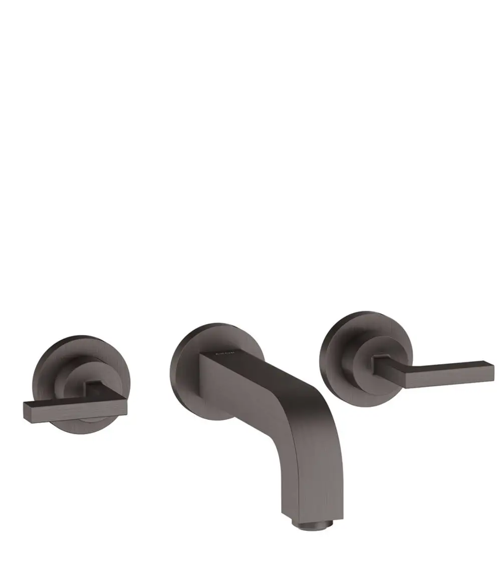 Drei Loch-Waschtischarmatur von AXOR in Brushed Black Chrome für Wandmontage. Enthält einen Auslauf und zwei Hebelgriffe.